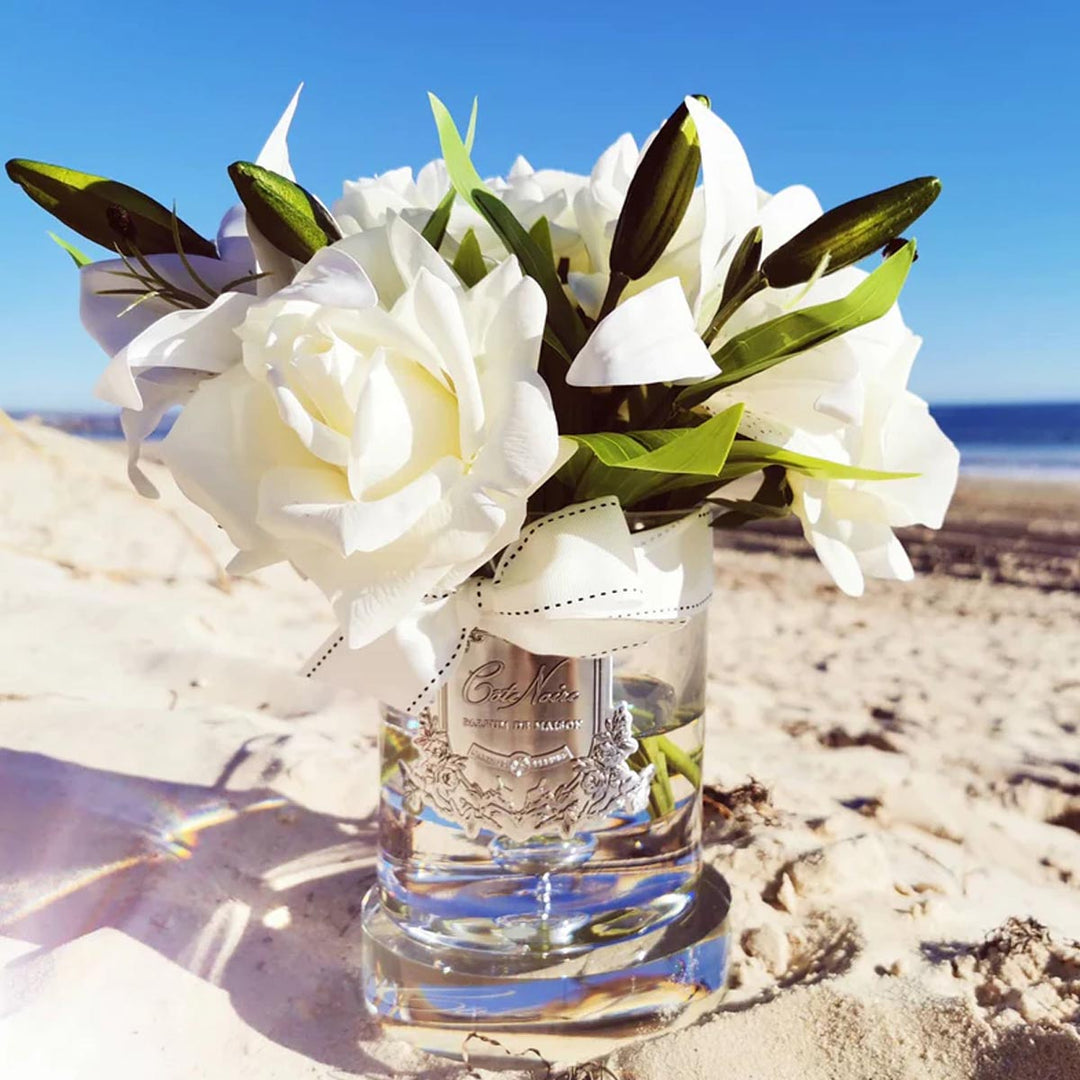 LUXURY LILIES AND ROSES - IVORY WHITE - SILVER BADGE - NAVY BOX