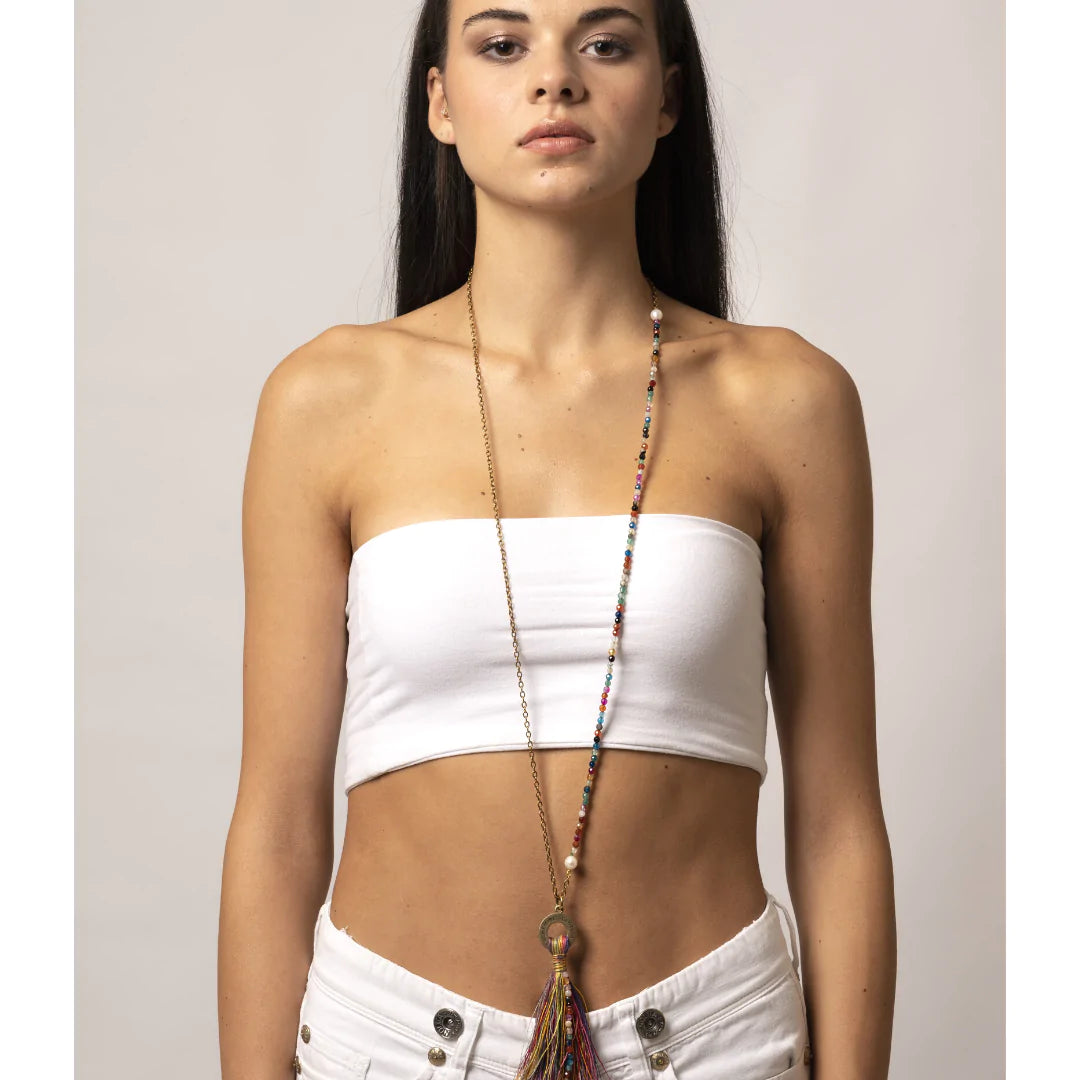CENTOPERCENTO CACHEMIRE Long jade necklace and multicolor linen tassel