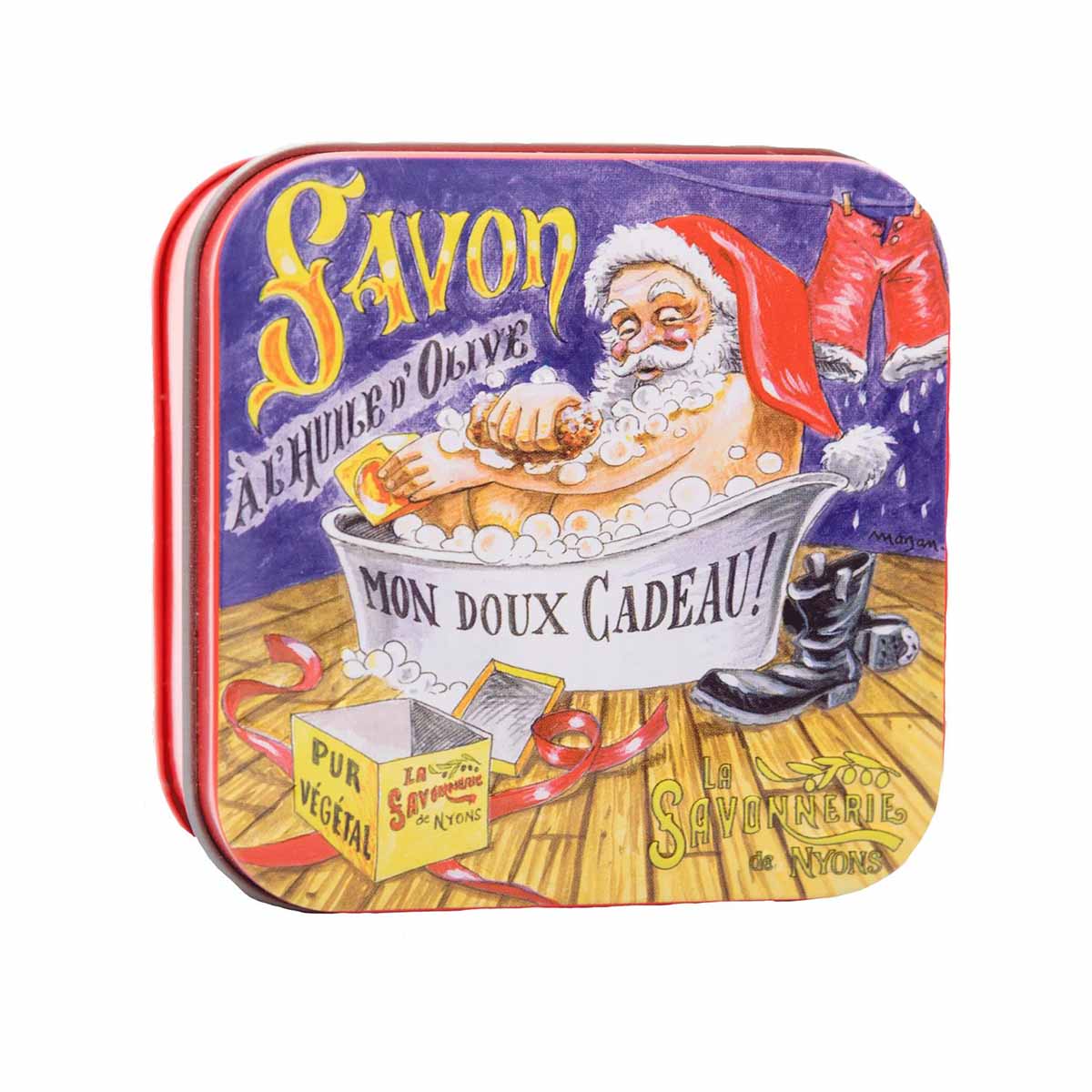 La Savonnerie de Nyons NATALE Scatola di metallo  "Babbo Natale nella vasca da bagno" e sapone 100 g