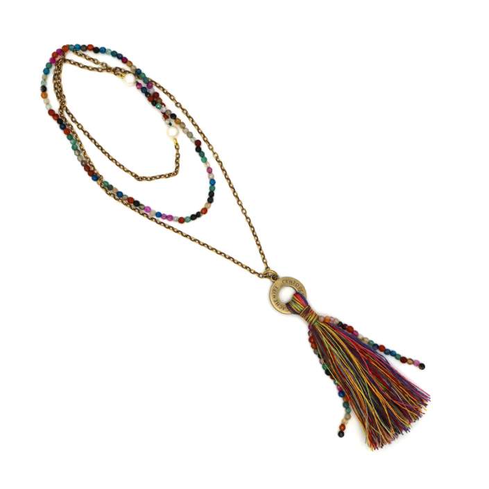 CENTOPERCENTO CACHEMIRE Long jade necklace and multicolor linen tassel 